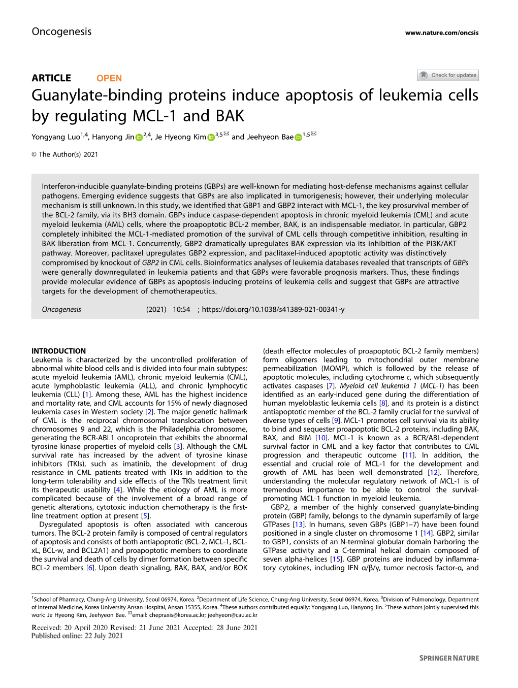 Guanylate-Binding Proteins Induce Apoptosis of Leukemia Cells by Regulating MCL-1 and BAK ✉ ✉ Yongyang Luo1,4, Hanyong Jin 2,4, Je Hyeong Kim 3,5 and Jeehyeon Bae 1,5