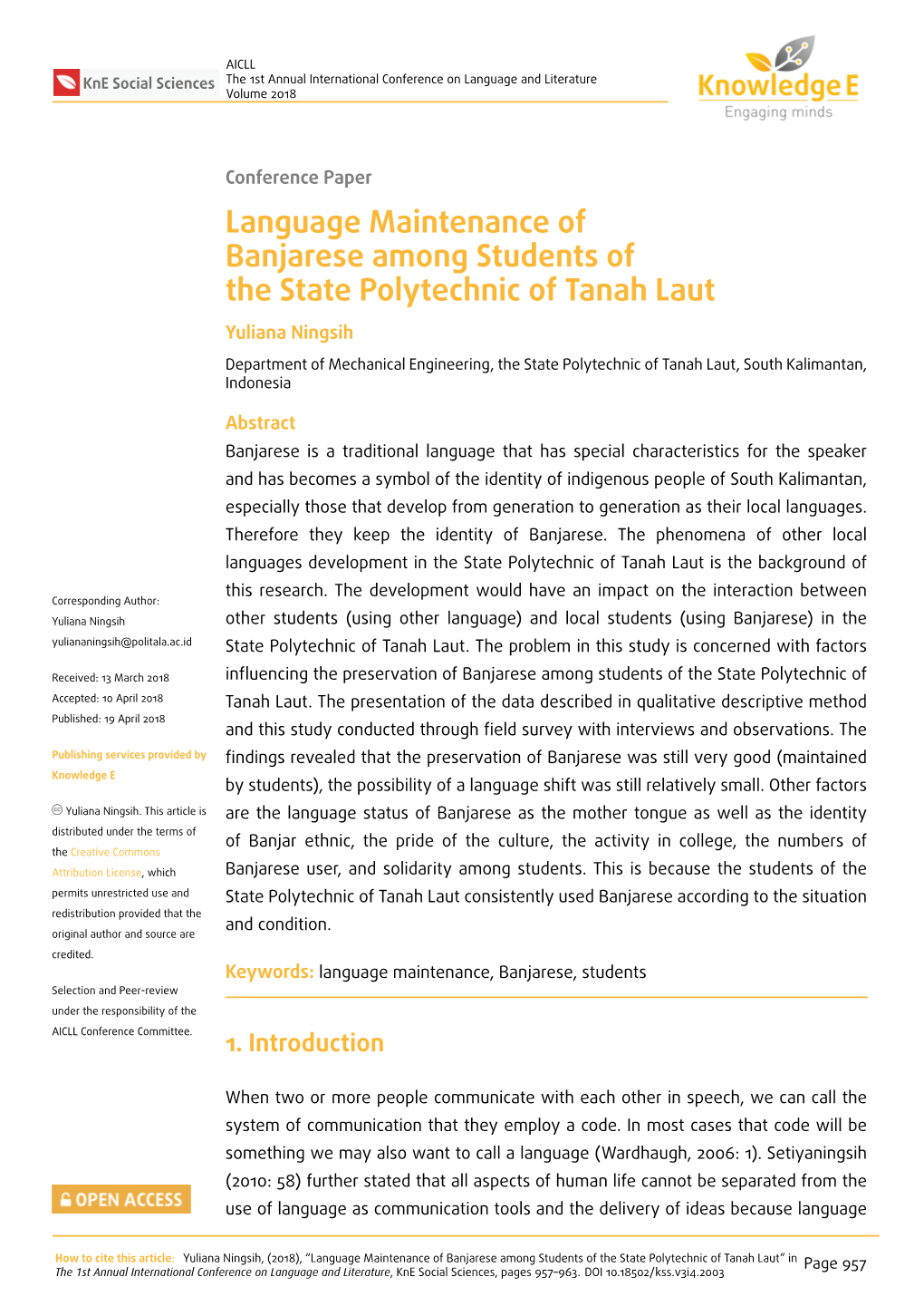 Language Maintenance of Banjarese Among Students of the State Polytechnic of Tanah Laut