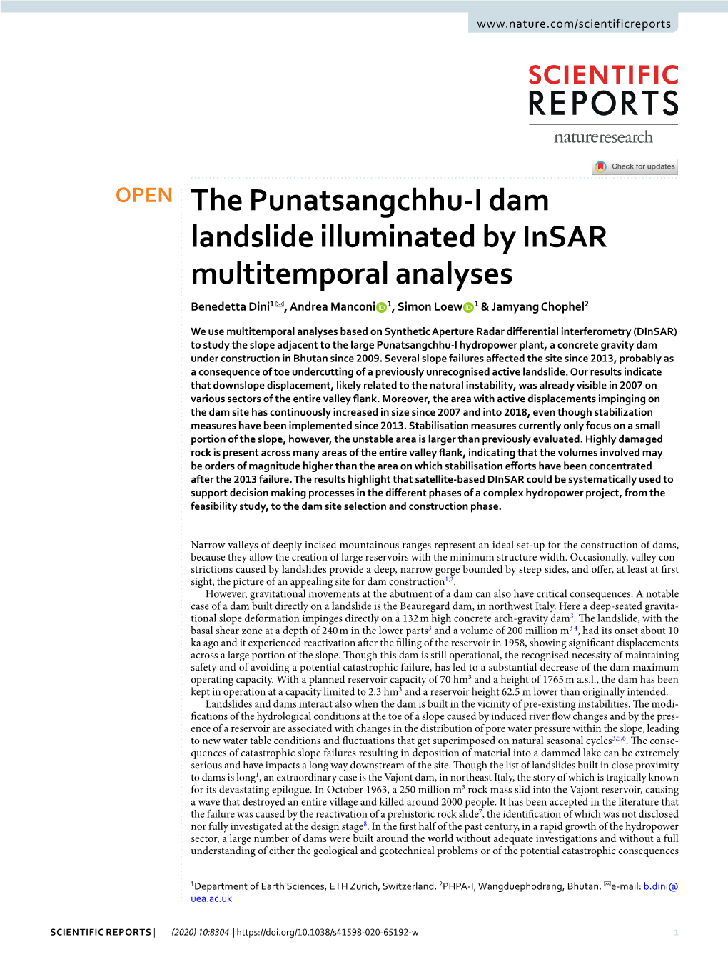 The Punatsangchhu-I Dam Landslide Illuminated by Insar Multitemporal Analyses Benedetta Dini1 ✉ , Andrea Manconi 1, Simon Loew 1 & Jamyang Chophel2