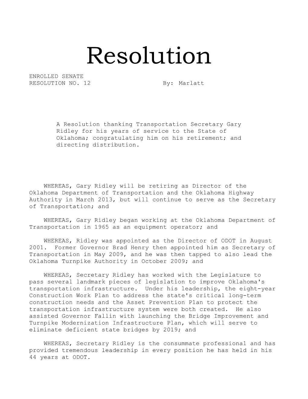 Resolution ENROLLED SENATE RESOLUTION NO