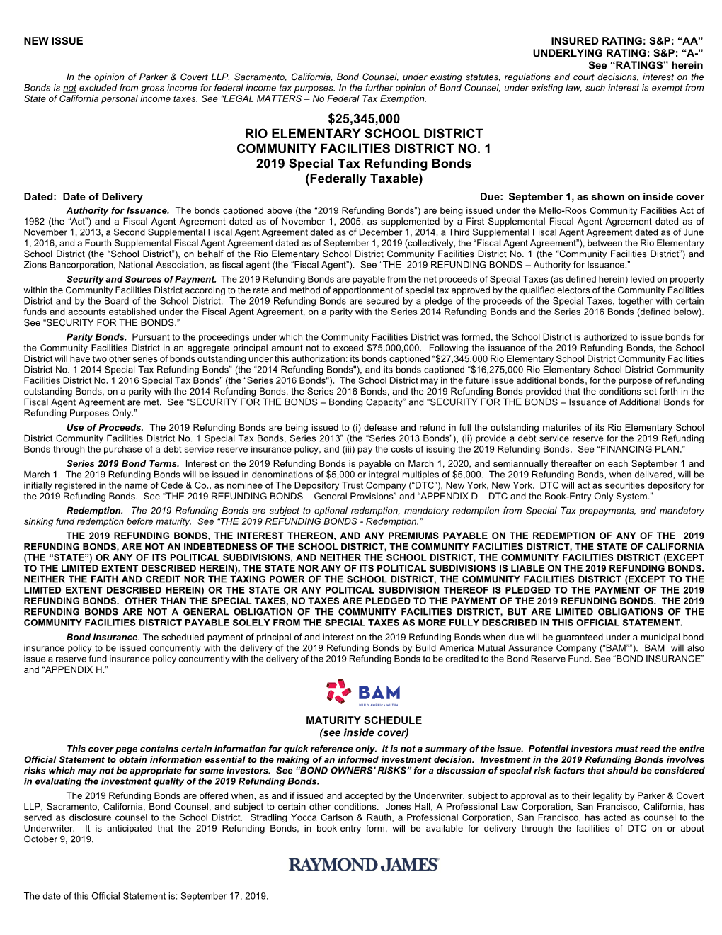 $25,345,000 RIO ELEMENTARY SCHOOL DISTRICT COMMUNITY FACILITIES DISTRICT NO. 1 2019 Special Tax Refunding Bonds (Federally Taxab