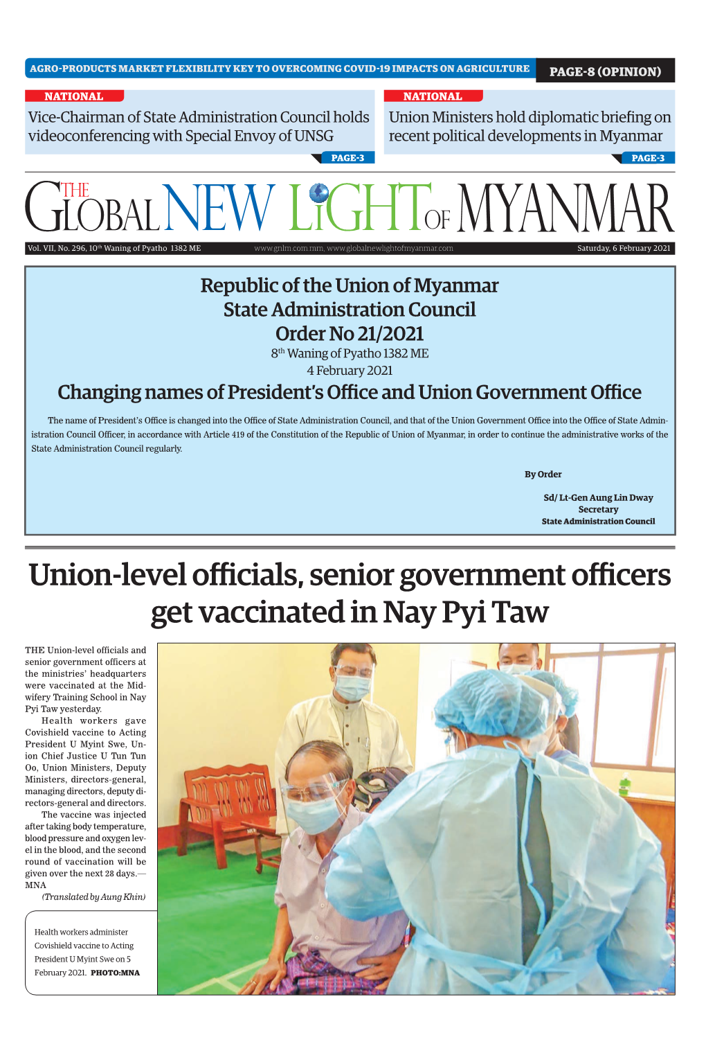 Union-Level Officials, Senior Government Officers Get Vaccinated in Nay Pyi Taw