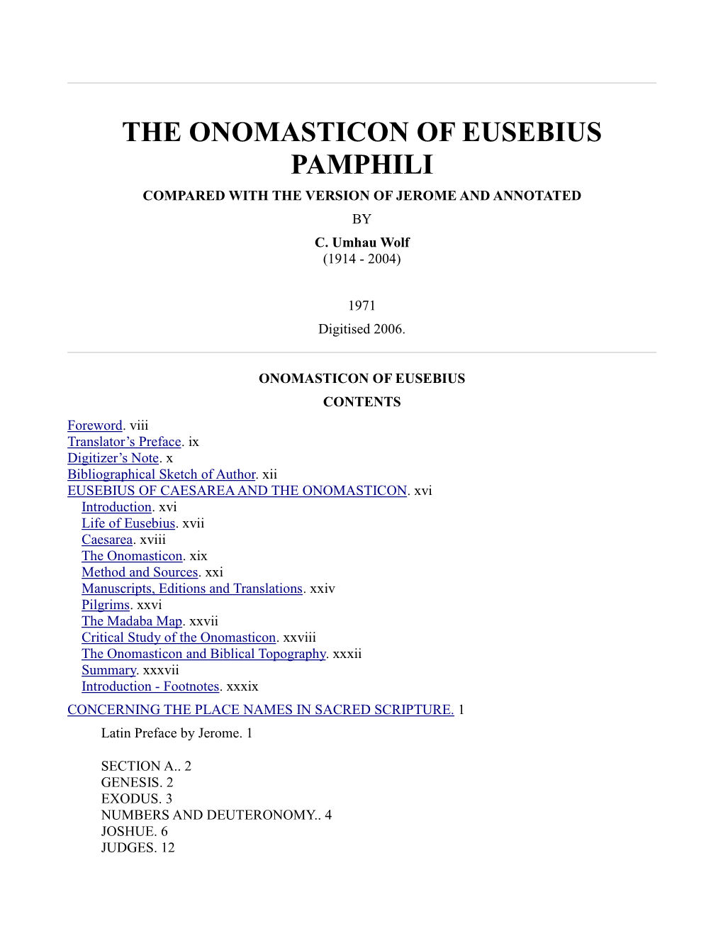 The Onomasticon of Eusebius Pamphili Compared with the Version of Jerome and Annotated by C