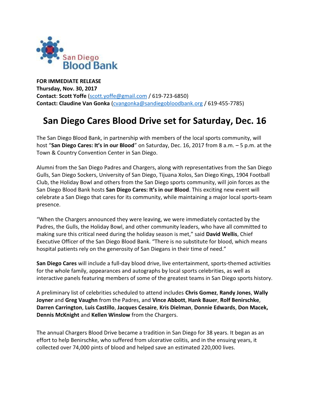 San Diego Cares Blood Drive Set for Saturday, Dec. 16