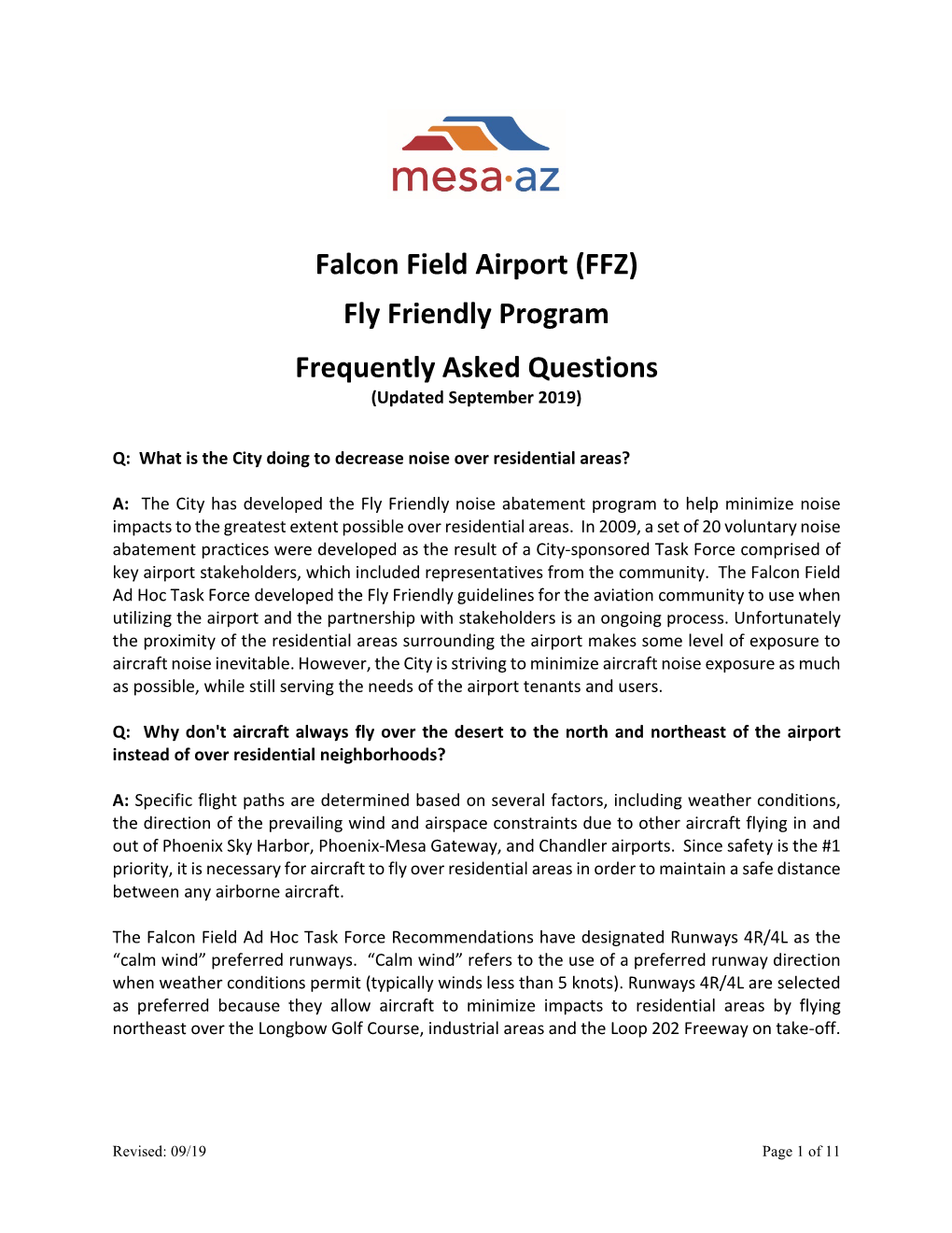 Falcon Field Airport (FFZ) Fly Friendly Program Frequently Asked Questions