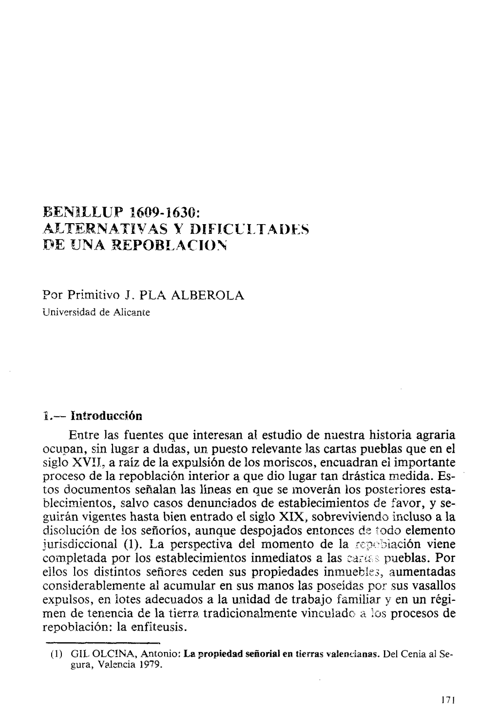 Ben1llup 1609-1630: Alternativas Y Dificultades De Una Repoblación