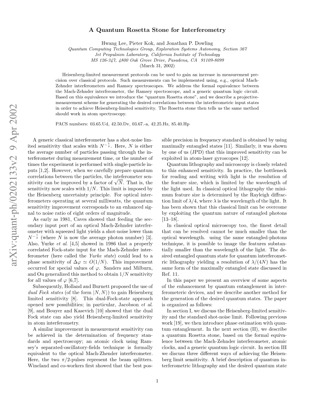 Arxiv:Quant-Ph/0202133V2 9 Apr 2002 Pndnwpsiiiis Npriua,Jacobson Particular, Approach in Dual-Fock-State Possibilities; This New Opened [8]