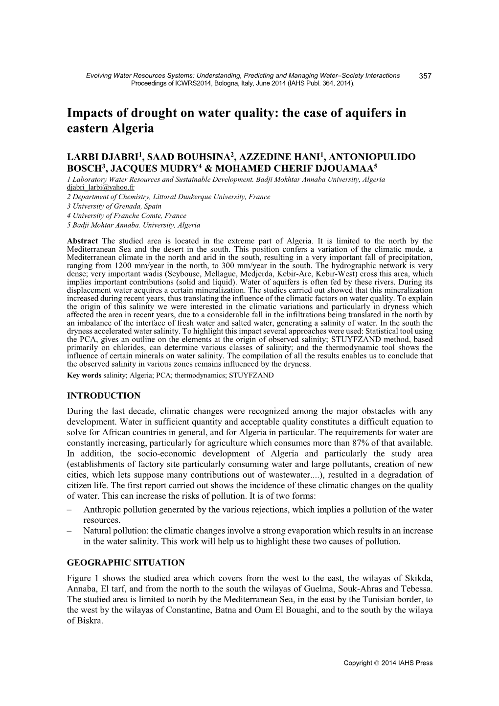 Impacts of Drought on Water Quality: the Case of Aquifers in Eastern Algeria