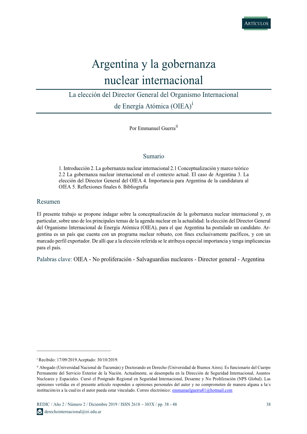 Argentina Y La Gobernanza Nuclear Internacional La Elección Del Director General Del Organismo Internacional De Energía Atómica (OIEA)I