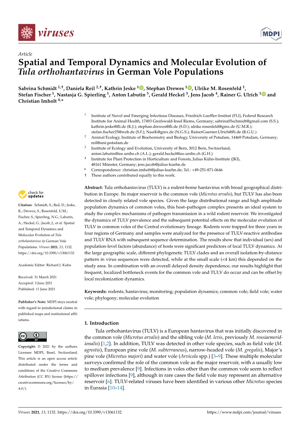 Spatial and Temporal Dynamics and Molecular Evolution of Tula Orthohantavirus in German Vole Populations