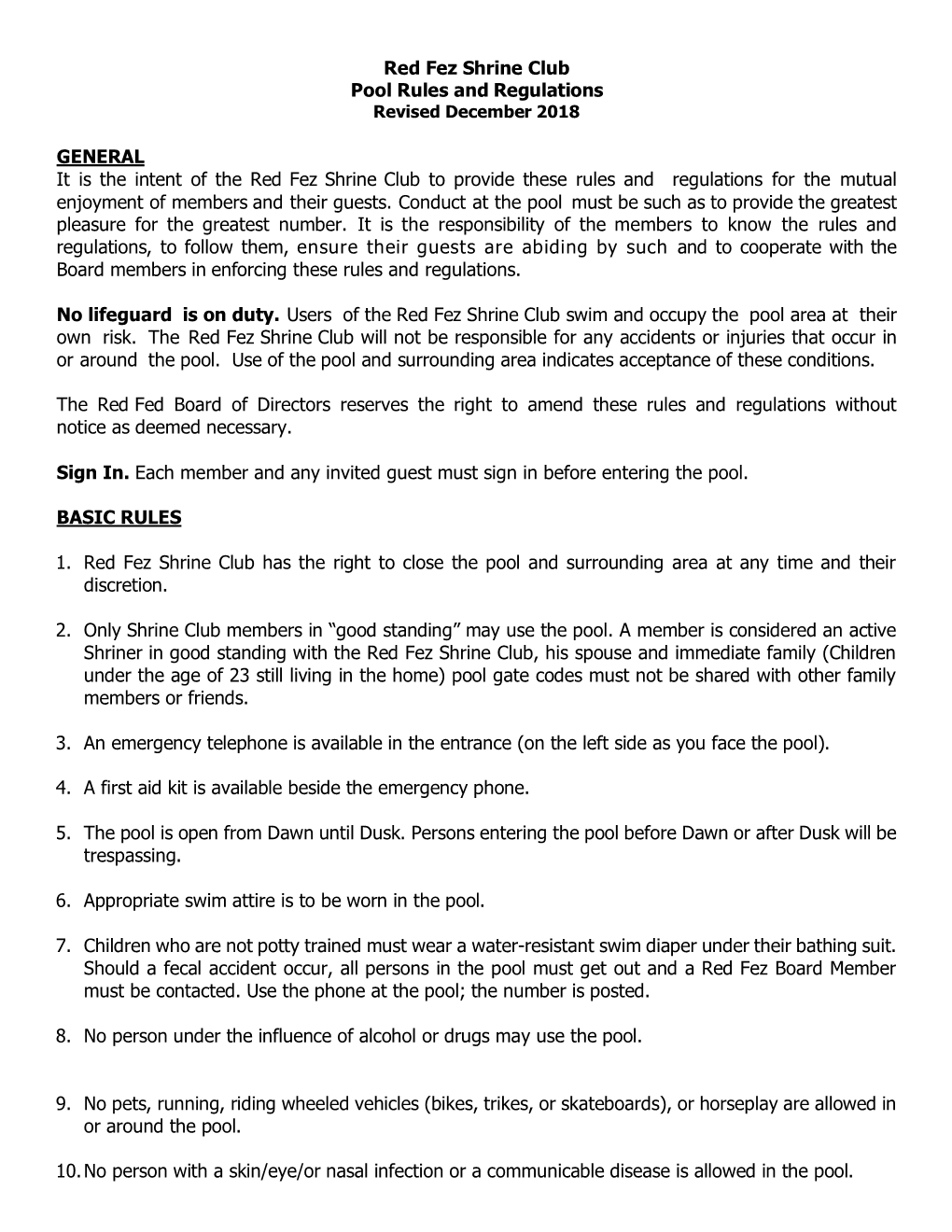 Red Fez Shrine Club Pool Rules and Regulations Revised December 2018