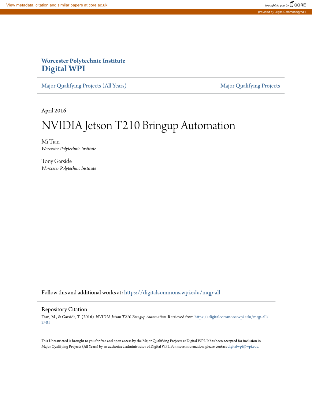 NVIDIA Jetson T210 Bringup Automation Mi Tian Worcester Polytechnic Institute