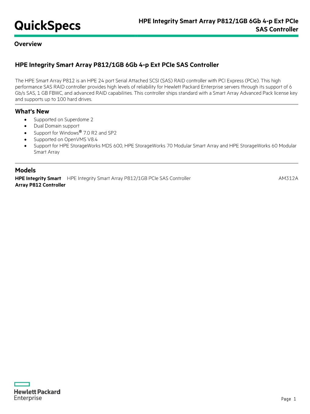 HPE Integrity Smart Array P812/1GB 6Gb 4-P Ext Pcie SAS Controller