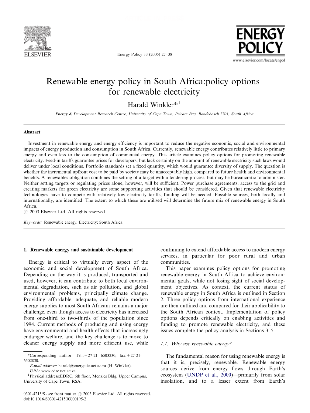 Renewable Energy Policy in South Africa