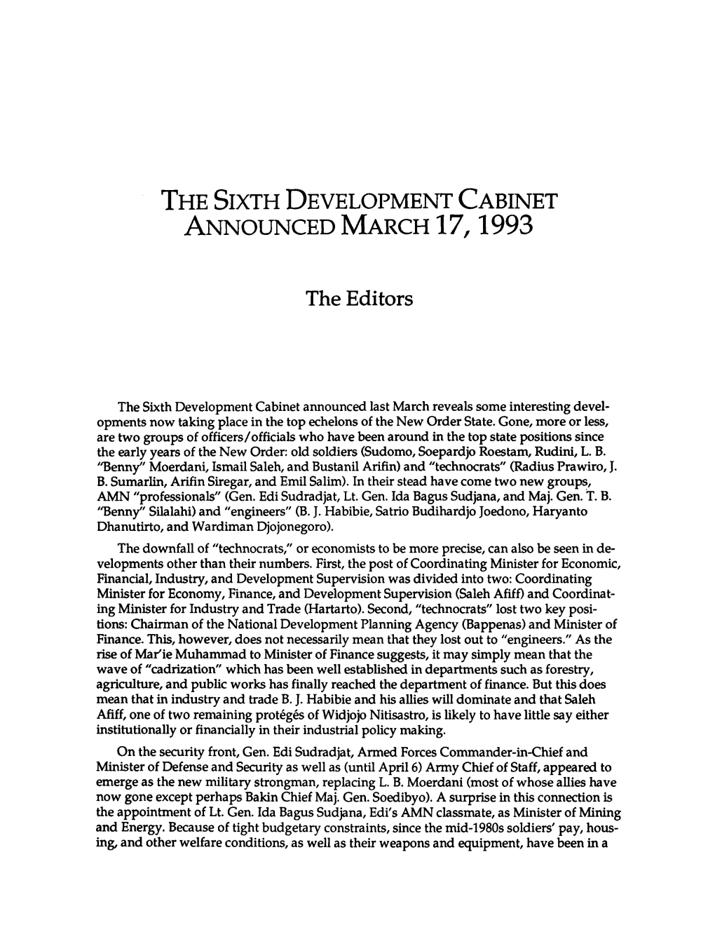 The Sixth Development Cabinet Announced March 17,1993 the Editors