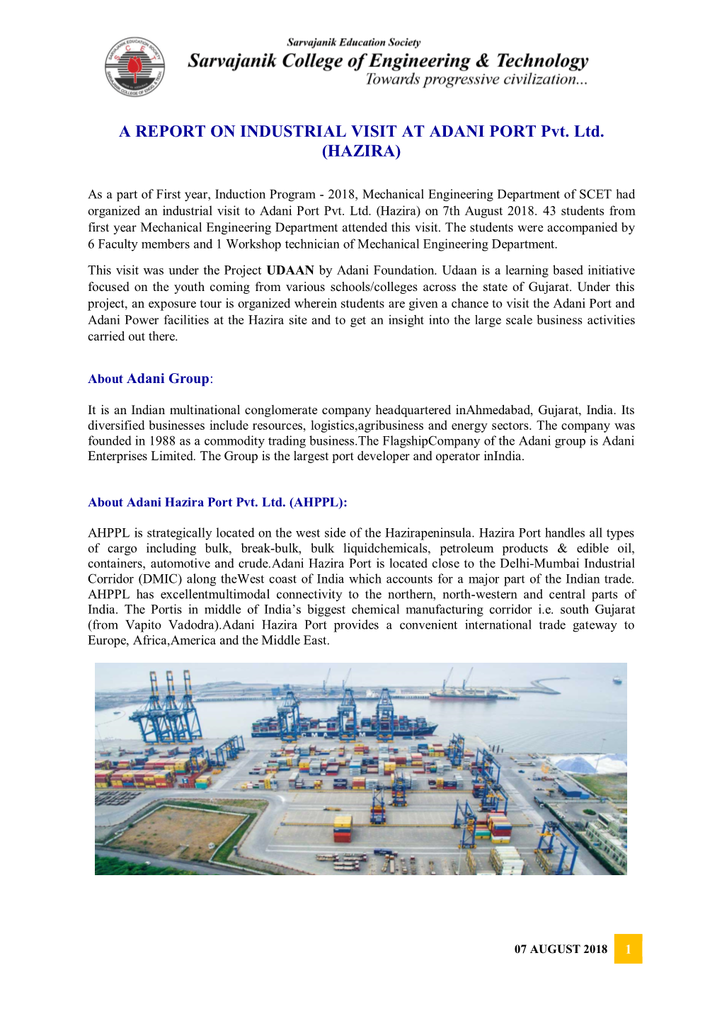 A REPORT on INDUSTRIAL VISIT at ADANI PORT Pvt. Ltd. (HAZIRA)