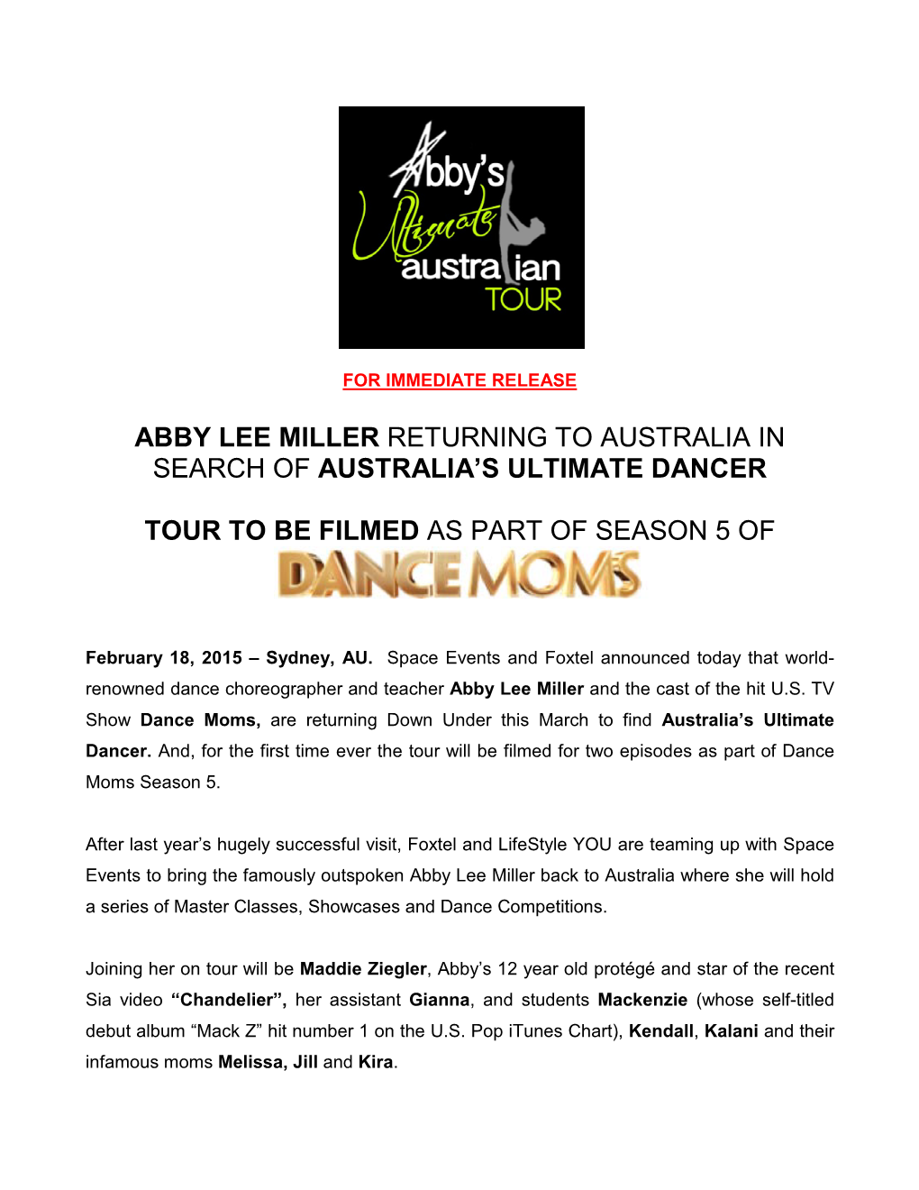 Abby Lee Miller Returning to Australia in Search of Australia's Ultimate Dancer Tour to Be Filmed As Part of Season 5 Of