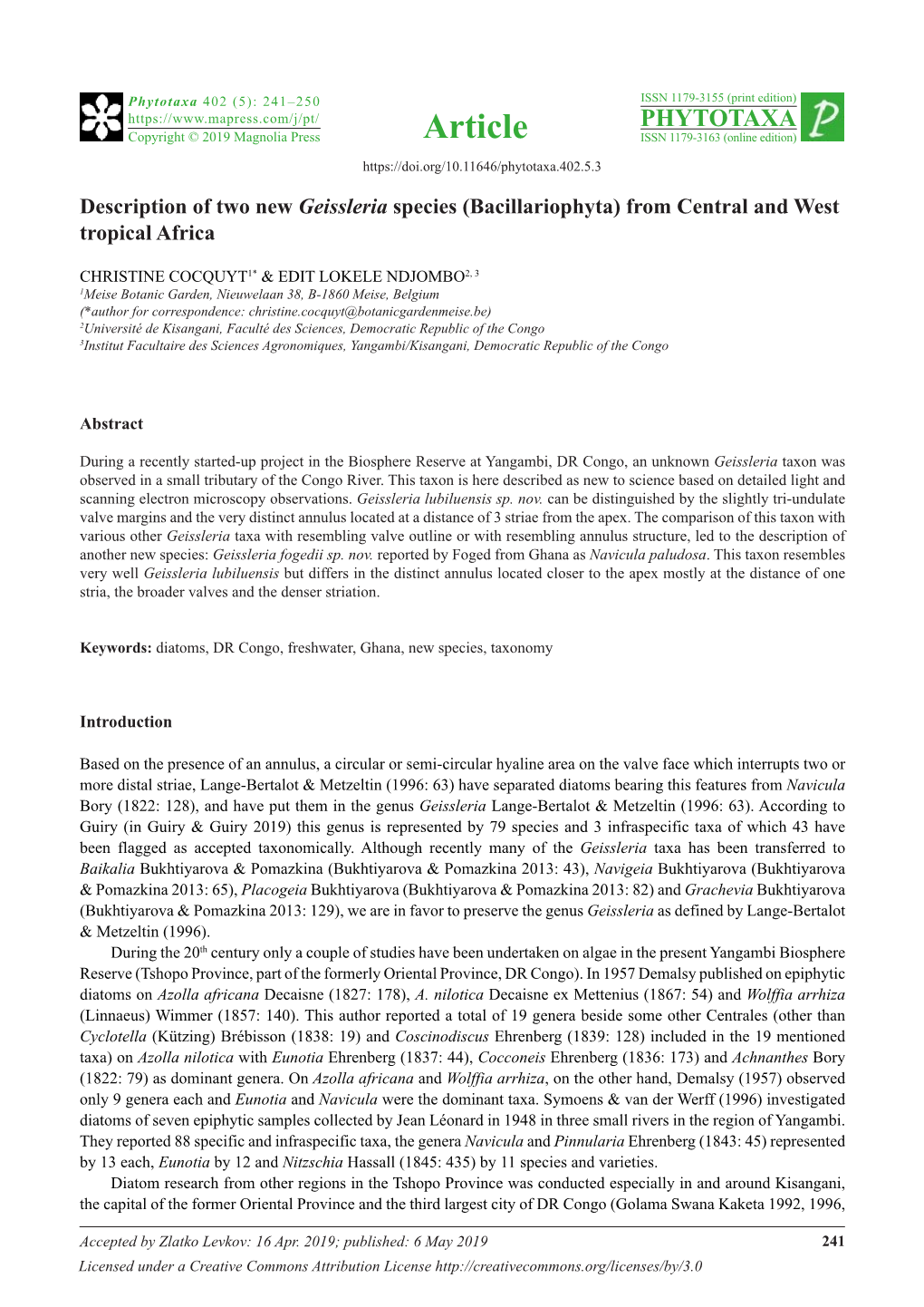 Description of Two New Geissleria Species (Bacillariophyta) from Central and West Tropical Africa