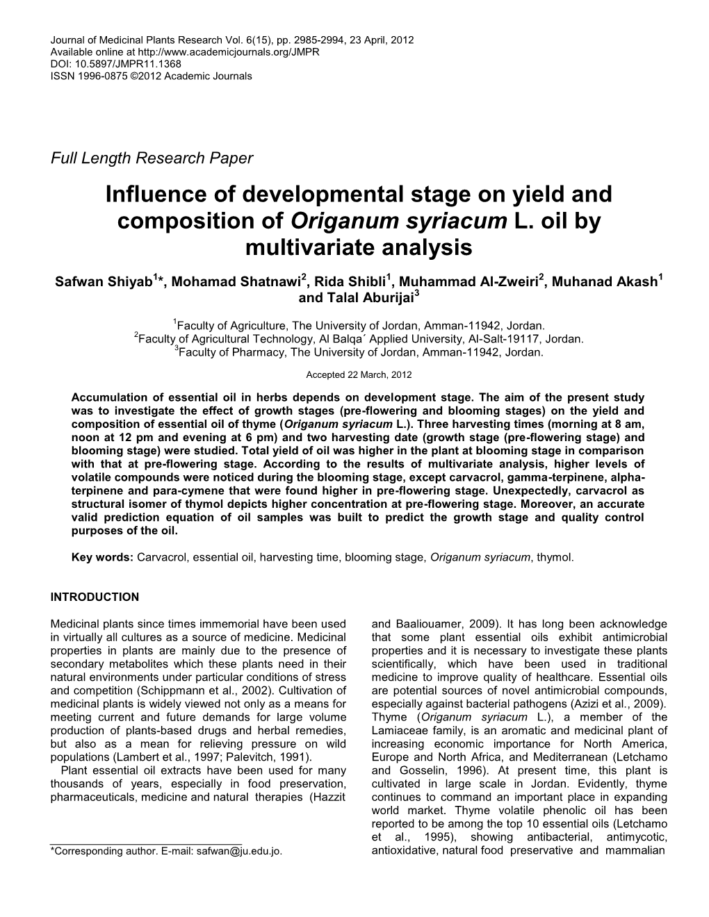 Influence of Developmental Stage on Yield and Composition of Origanum Syriacum L. Oil by Multivariate Analysis