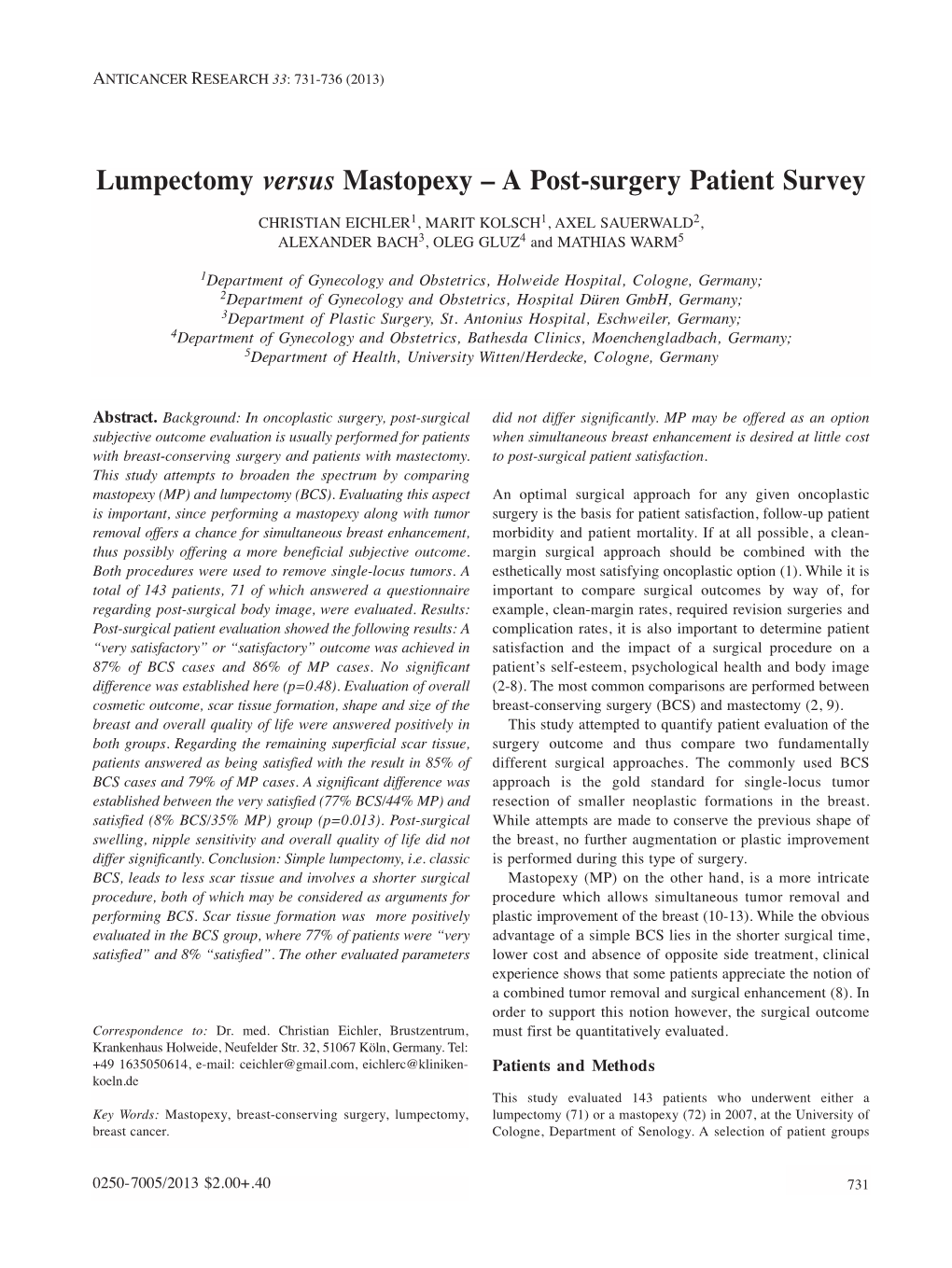 Lumpectomy Versus Mastopexy – a Post-Surgery Patient Survey