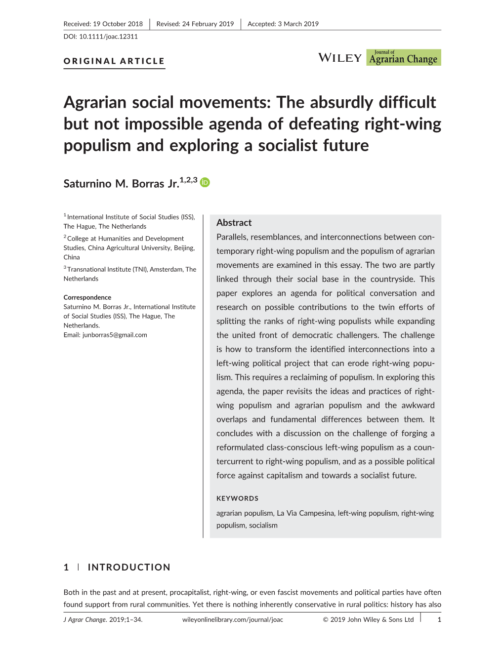 Agrarian Social Movements: the Absurdly Difficult but Not Impossible Agenda of Defeating Right‐Wing Populism and Exploring a Socialist Future