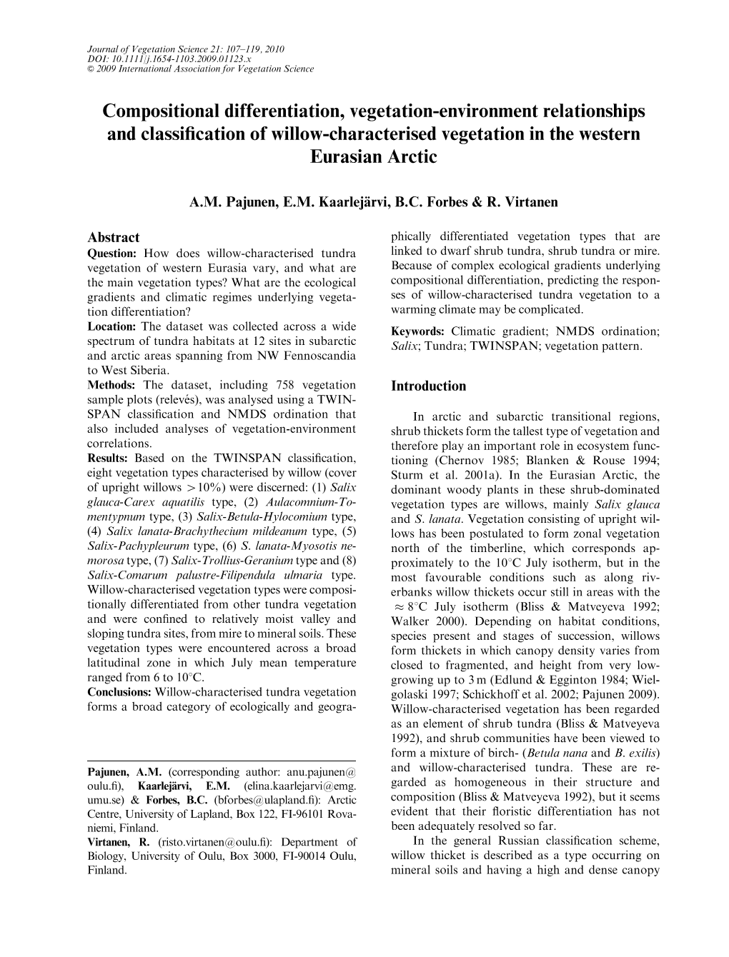 Compositional Differentiation, Vegetation-Environment Relationships and Classiﬁcation of Willow-Characterised Vegetation in the Western Eurasian Arctic