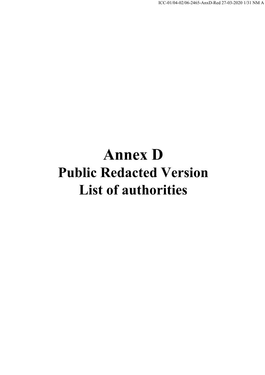 Annex D Public Redacted Version List of Authorities ICC-01/04-02/06-2465-Anxd-Red 27-03-2020 2/31 NM A