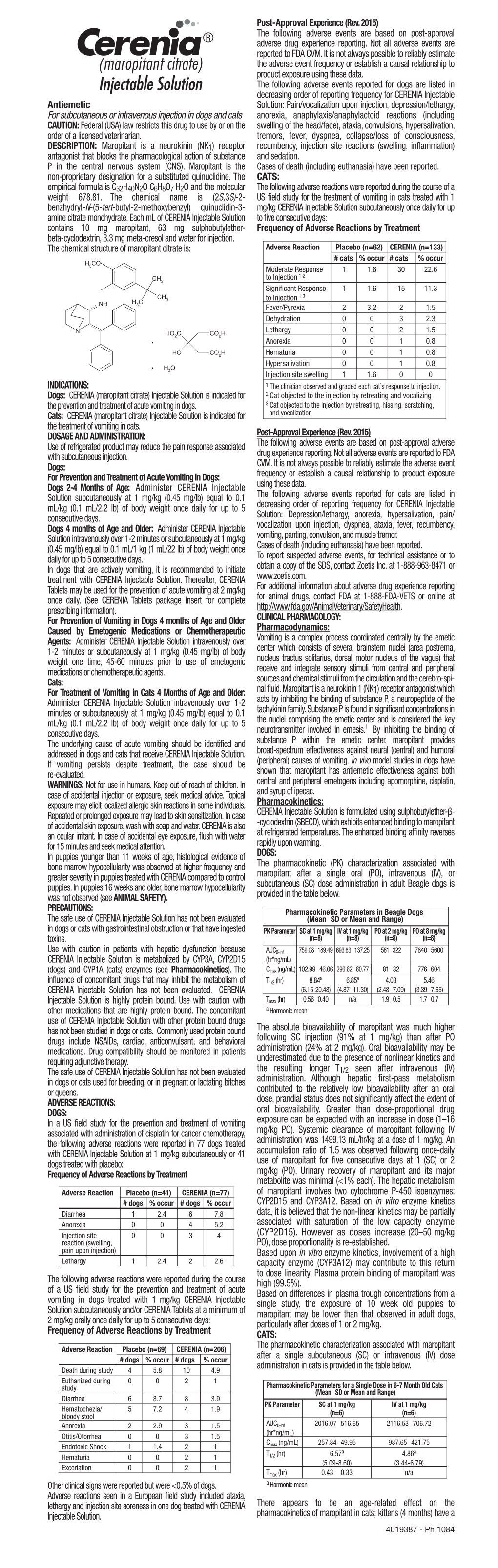 CERENIA Injectable Solution Or Placebo (In a Reported to FDA CVM