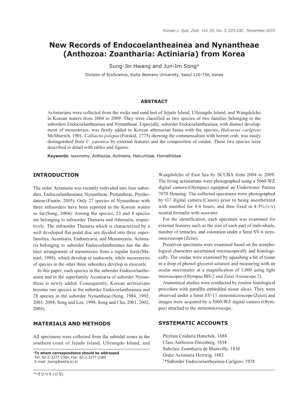 Anthozoa: Zoantharia: Actiniaria) from Korea