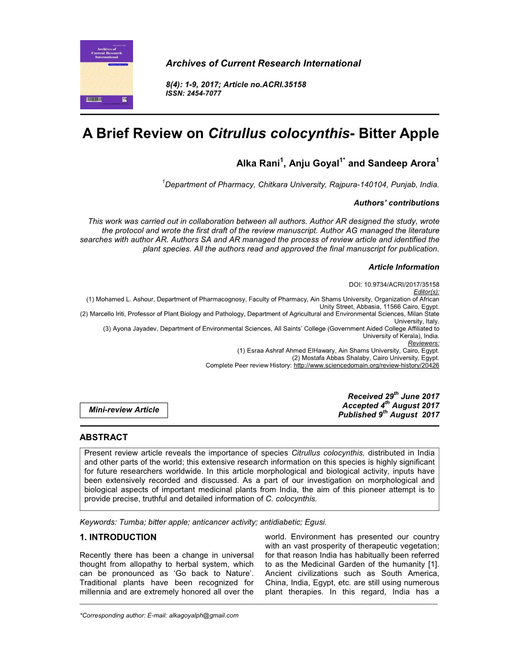 A Brief Review on Citrullus Colocynthis- Bitter Apple
