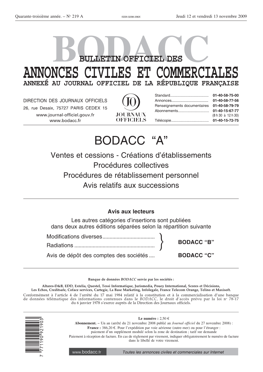 Bodacc Bulletin Officiel Des Annonces Civiles Et Commerciales Annexé Au Journal Officiel De La