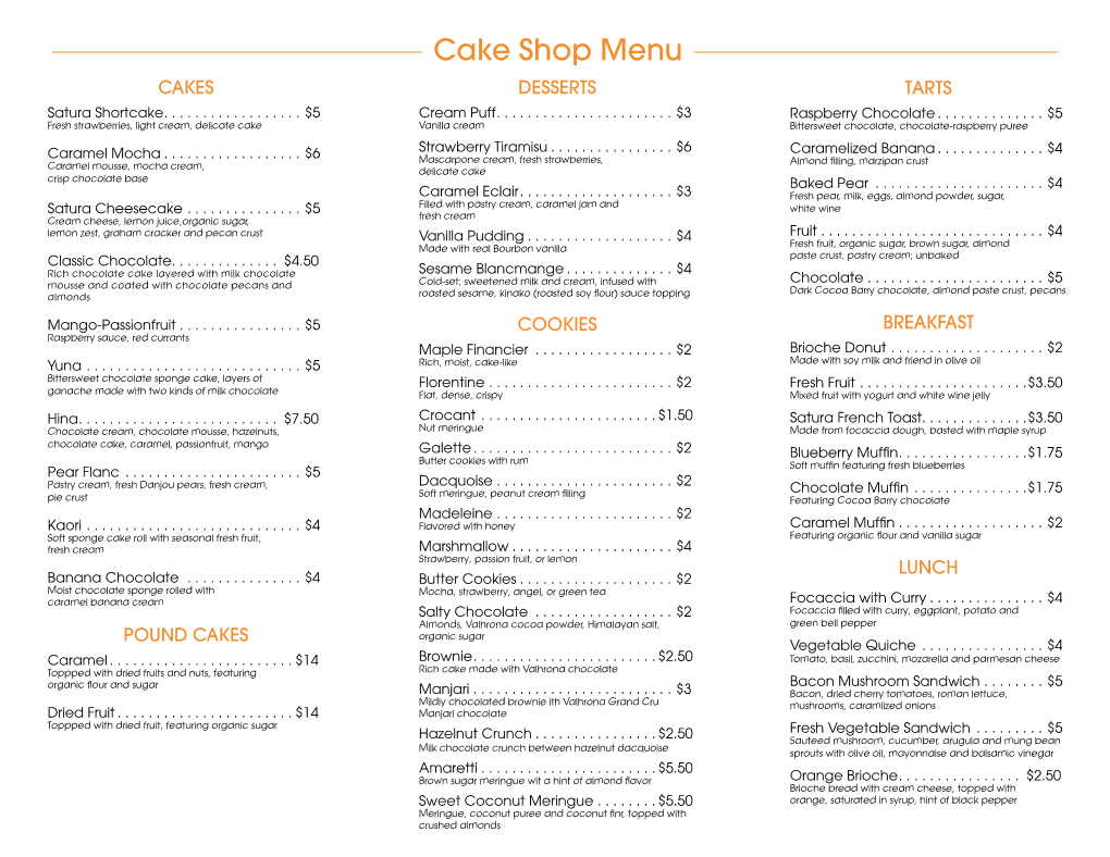 Cake Shop Menu CAKES DESSERTS TARTS Satura Shortcake