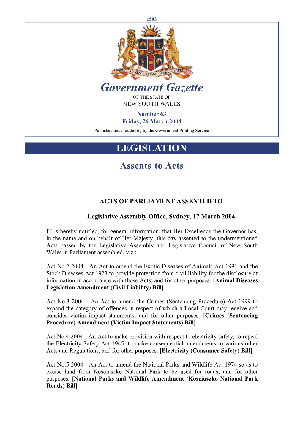 Government Gazette of the STATE of NEW SOUTH WALES Number 63 Friday, 26 March 2004 Published Under Authority by the Government Printing Service