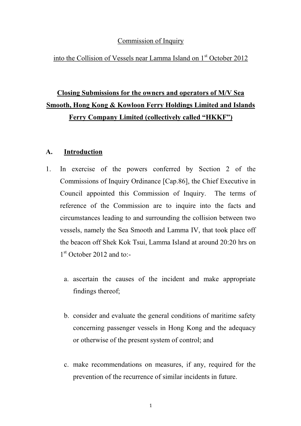 Closing Submissions of Counsel for Hong Kong & Kowloon Ferry