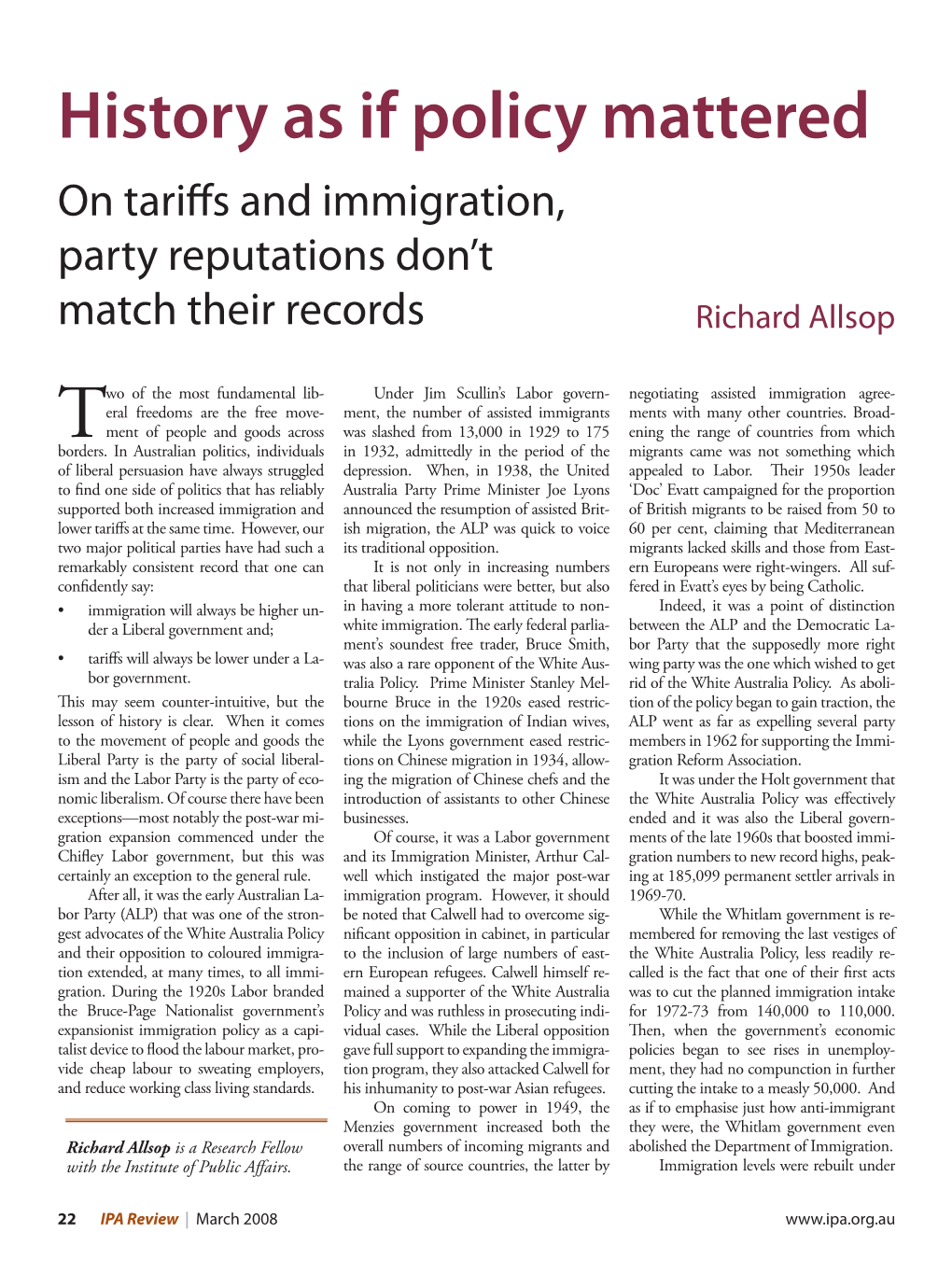History As If Policy Mattered on Tariffs and Immigration, Party Reputations Don’T Match Their Records Richard Allsop