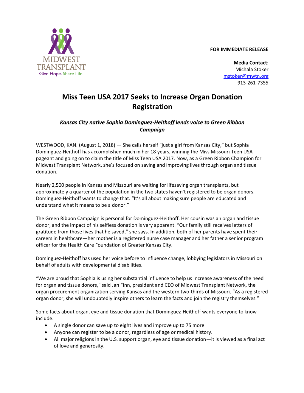 Miss Teen USA 2017 Seeks to Increase Organ Donation Registration