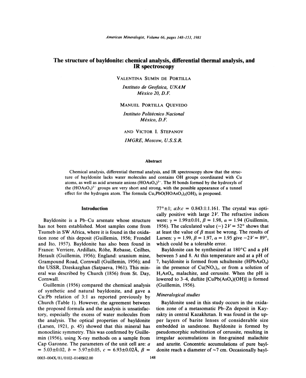 The Structure of Bayldonite: Chemical Analysis, Differential Thermal Analysis, and IR Spectroscopy