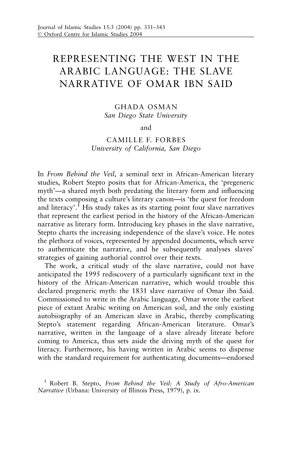 The Slave Narrative of Omar Ibn Said