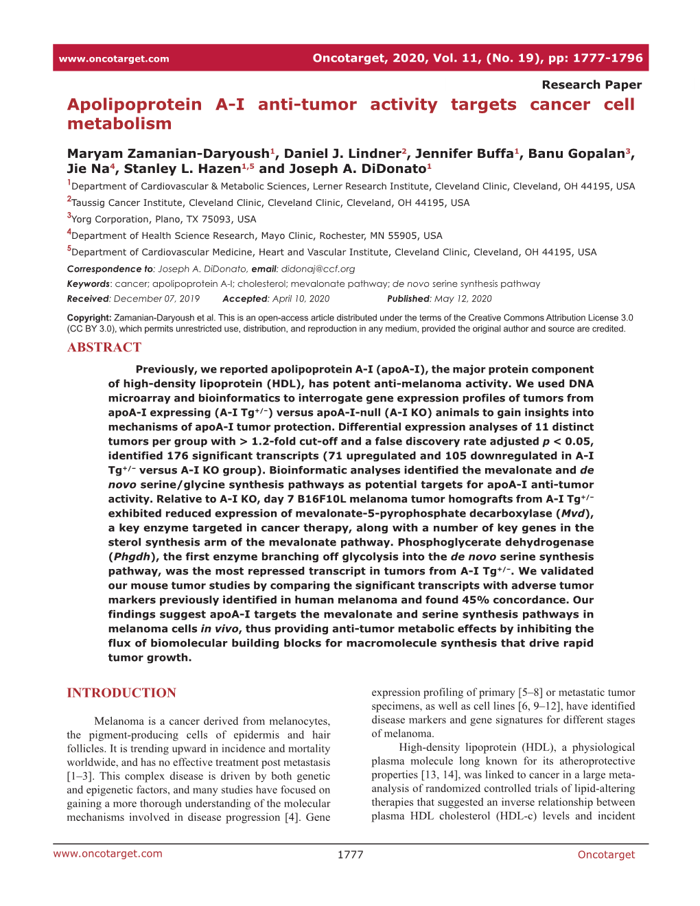 Apolipoprotein A-I Anti-Tumor Activity Targets Cancer Cell Metabolism