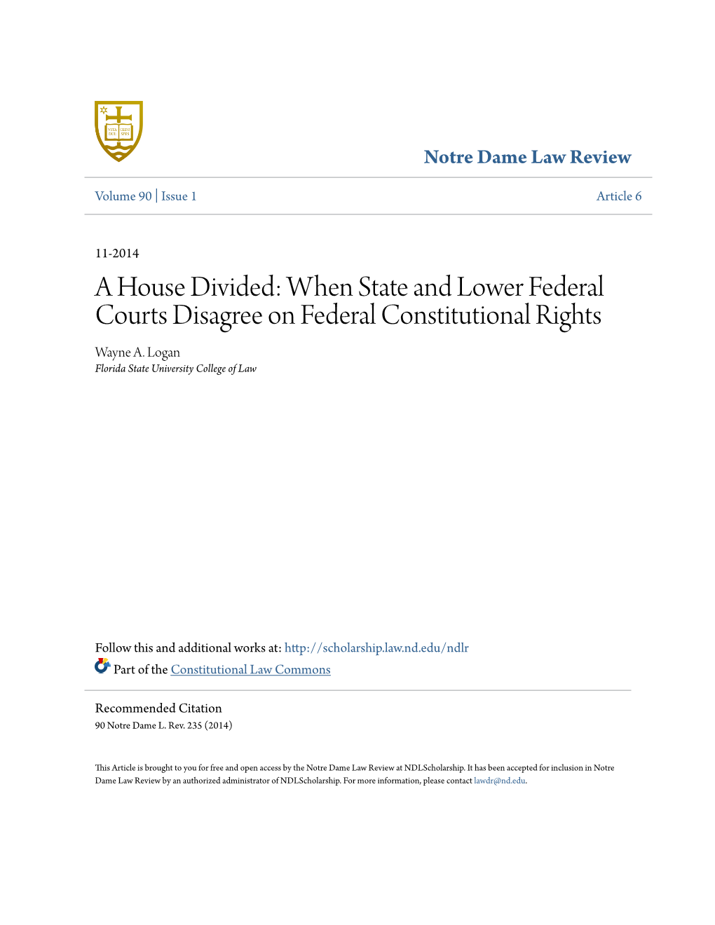 A House Divided: When State and Lower Federal Courts Disagree on Federal Constitutional Rights Wayne A