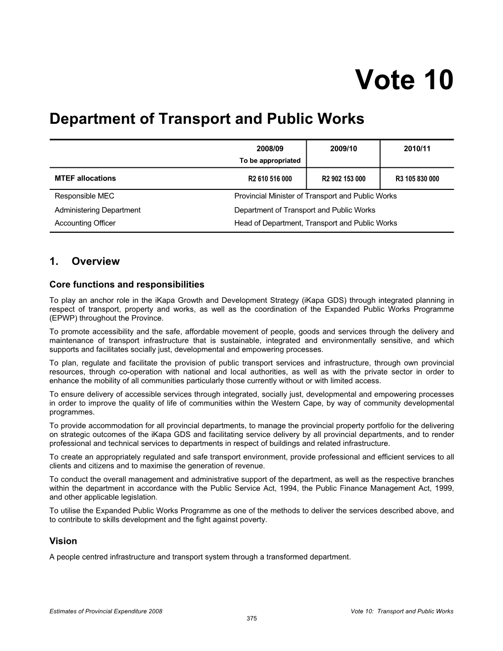 Vote 10 : Transport and Public Works