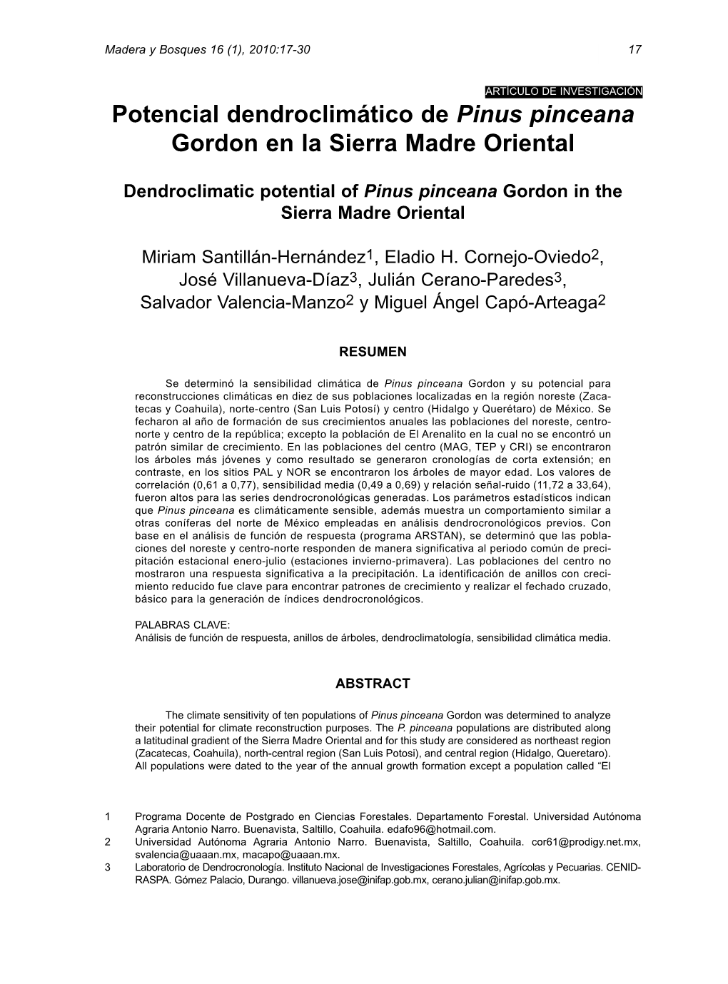 Potencial Dendroclimático De Pinus Pinceana Gordon En La Sierra Madre Oriental