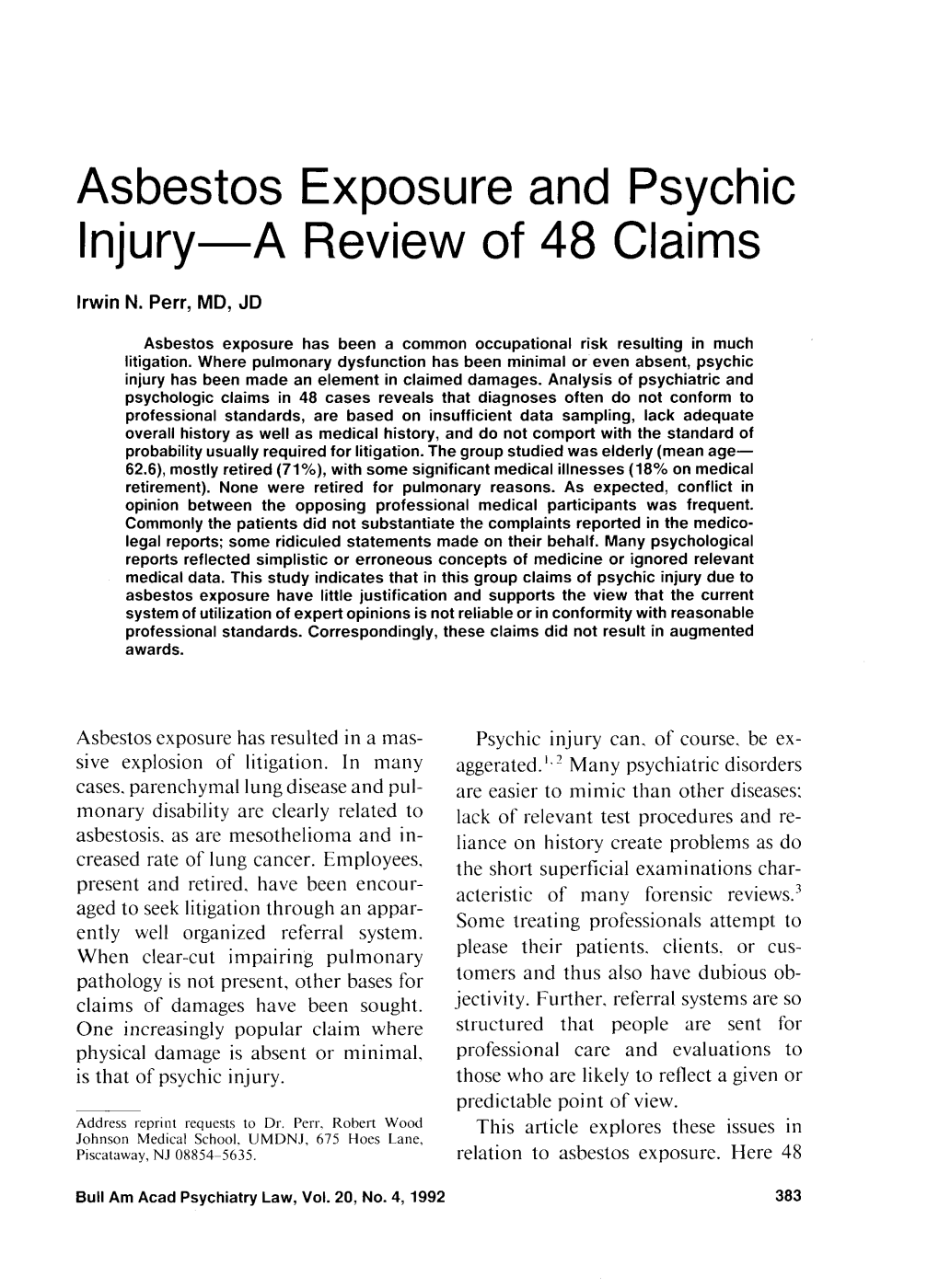 Asbestos Exposure and Psychic Injury-A Review of 48 Claims