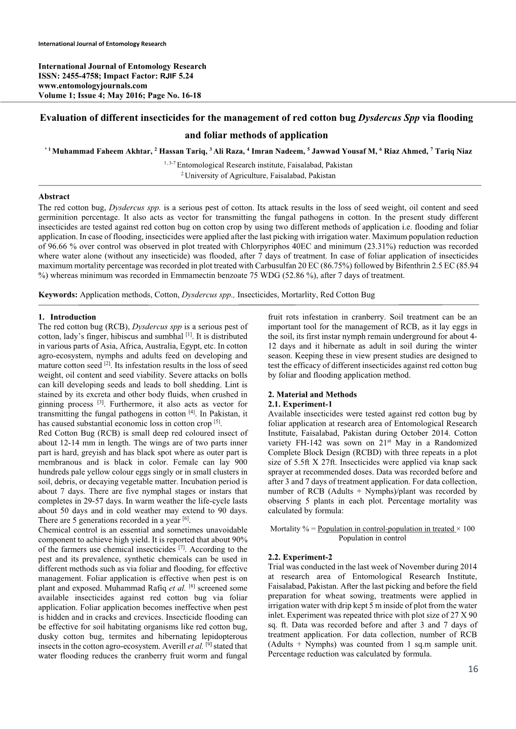 Evaluation of Different Insecticides for the Management of Red Cotton Bug