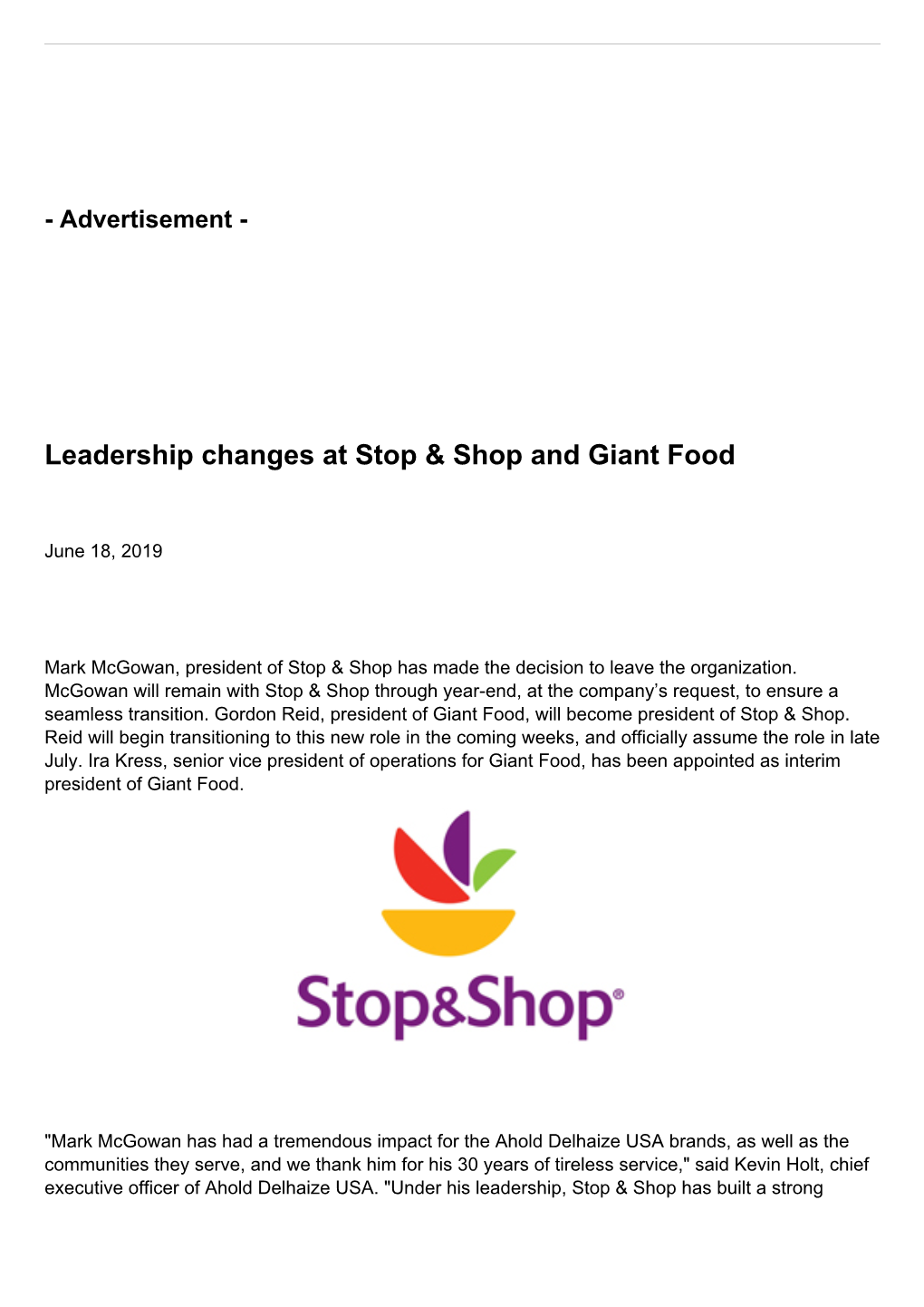 Leadership Changes at Stop & Shop and Giant Food