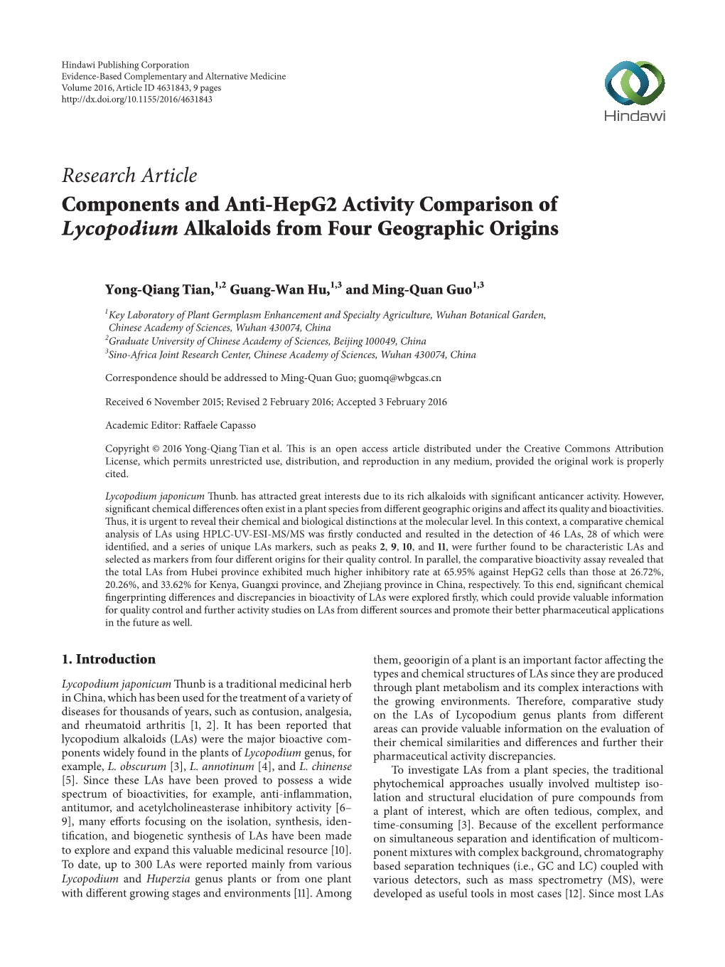 Components and Anti-Hepg2 Activity Comparison of Lycopodium Alkaloids from Four Geographic Origins