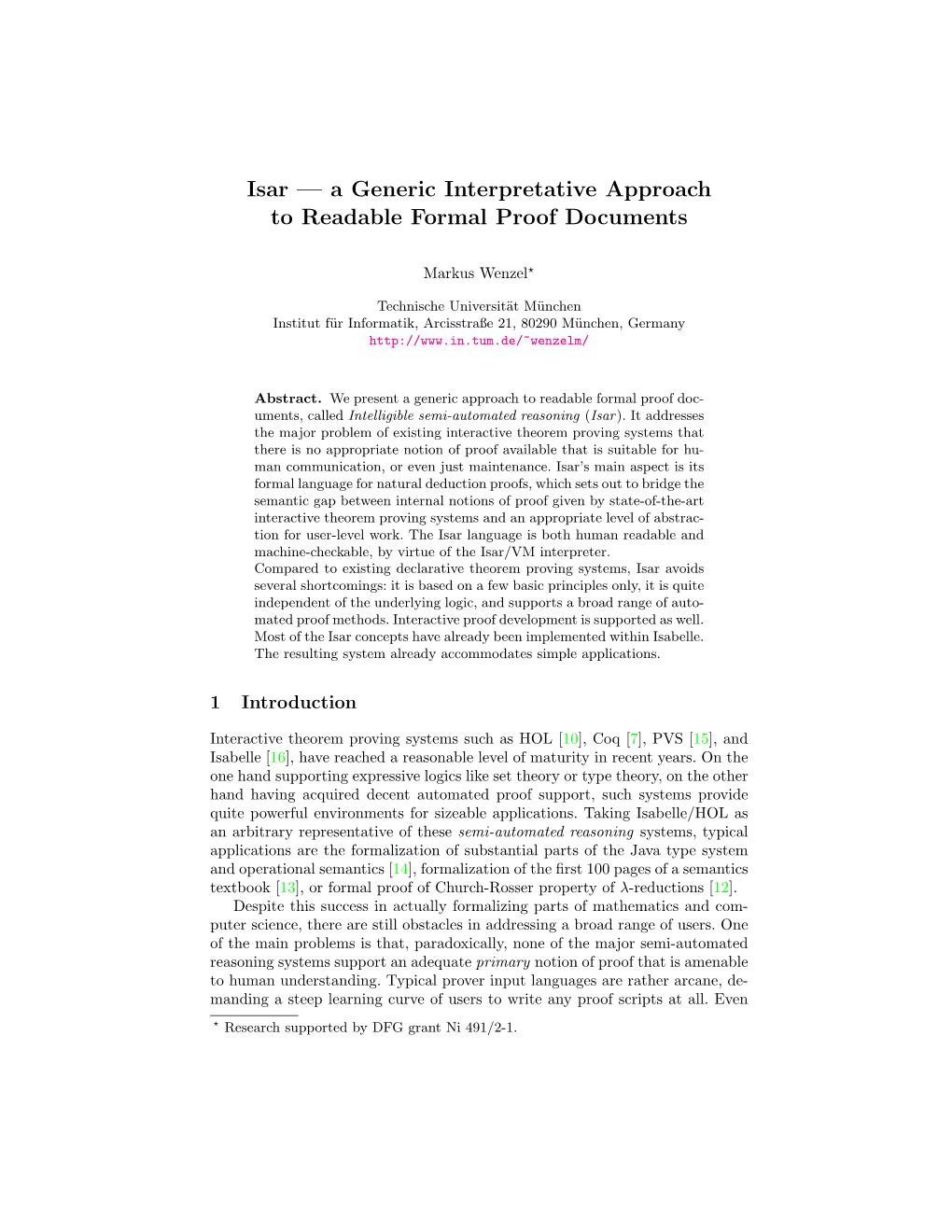 Isar — a Generic Interpretative Approach to Readable Formal Proof Documents