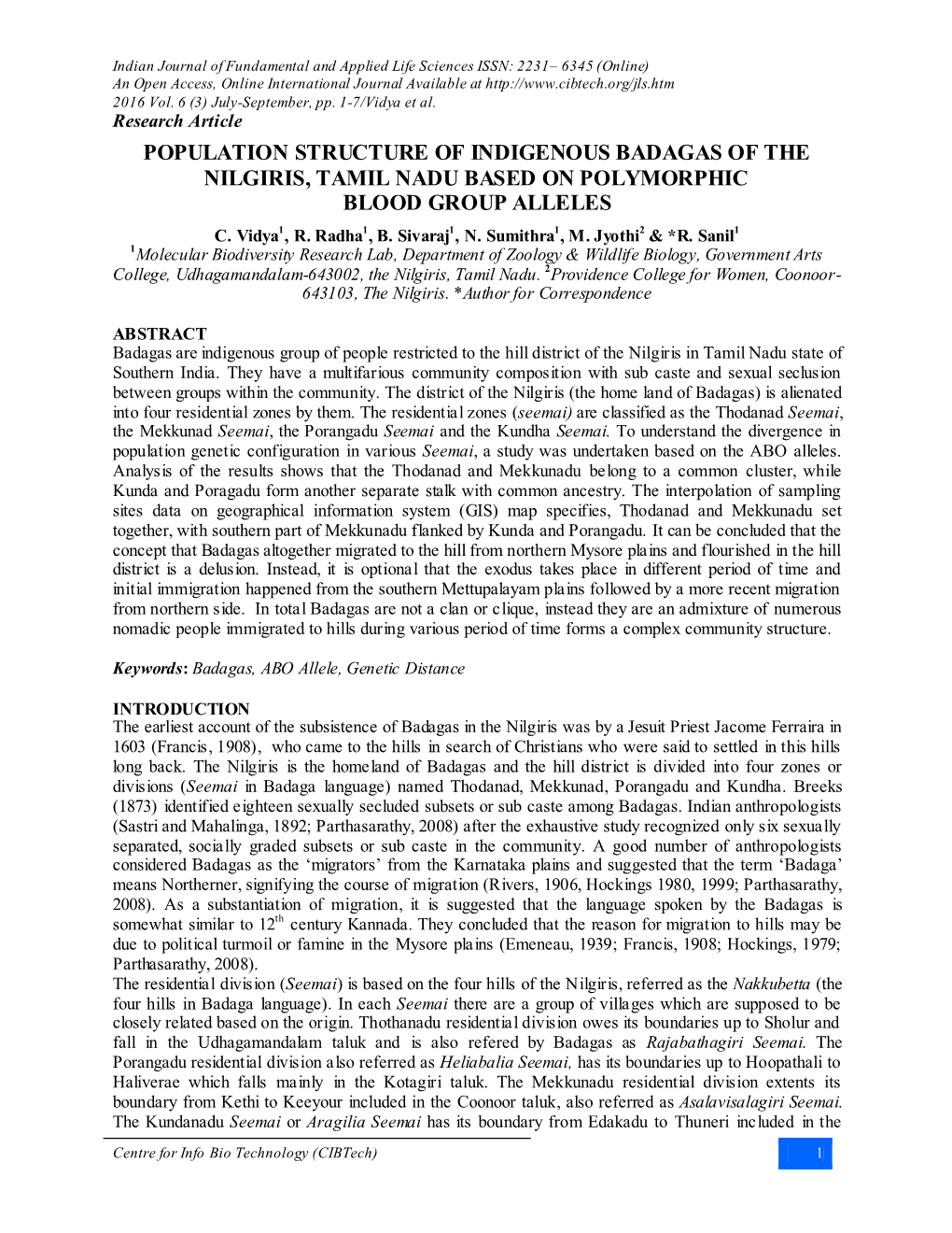 Population Structure of Indigenous Badagas of the Nilgiris, Tamil Nadu Based on Polymorphic Blood Group Alleles C