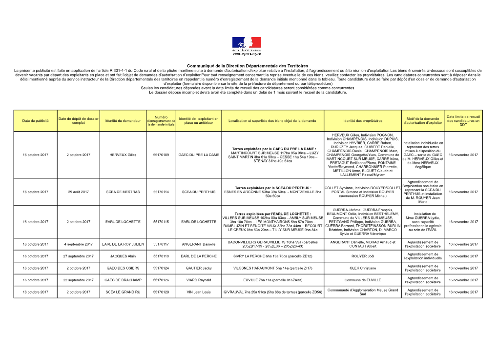 Communiqué De La Direction Départementale Des Territoires