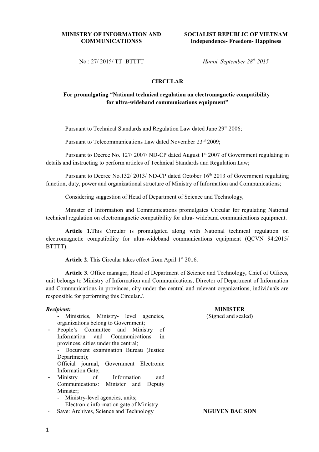 Pursuant to Technical Standards and Regulation Law Dated June 29Th 2006;